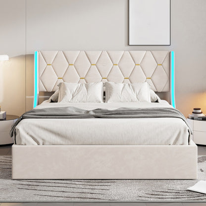 Opbergbed Tweepersoons – Stalen Bedframe – Fluwelen Bed – Opbergkast Bed – Led Verlichting Bed – 140x190 cm – USB Oplaadpoorten – Gasdrukveer Opbergruimte