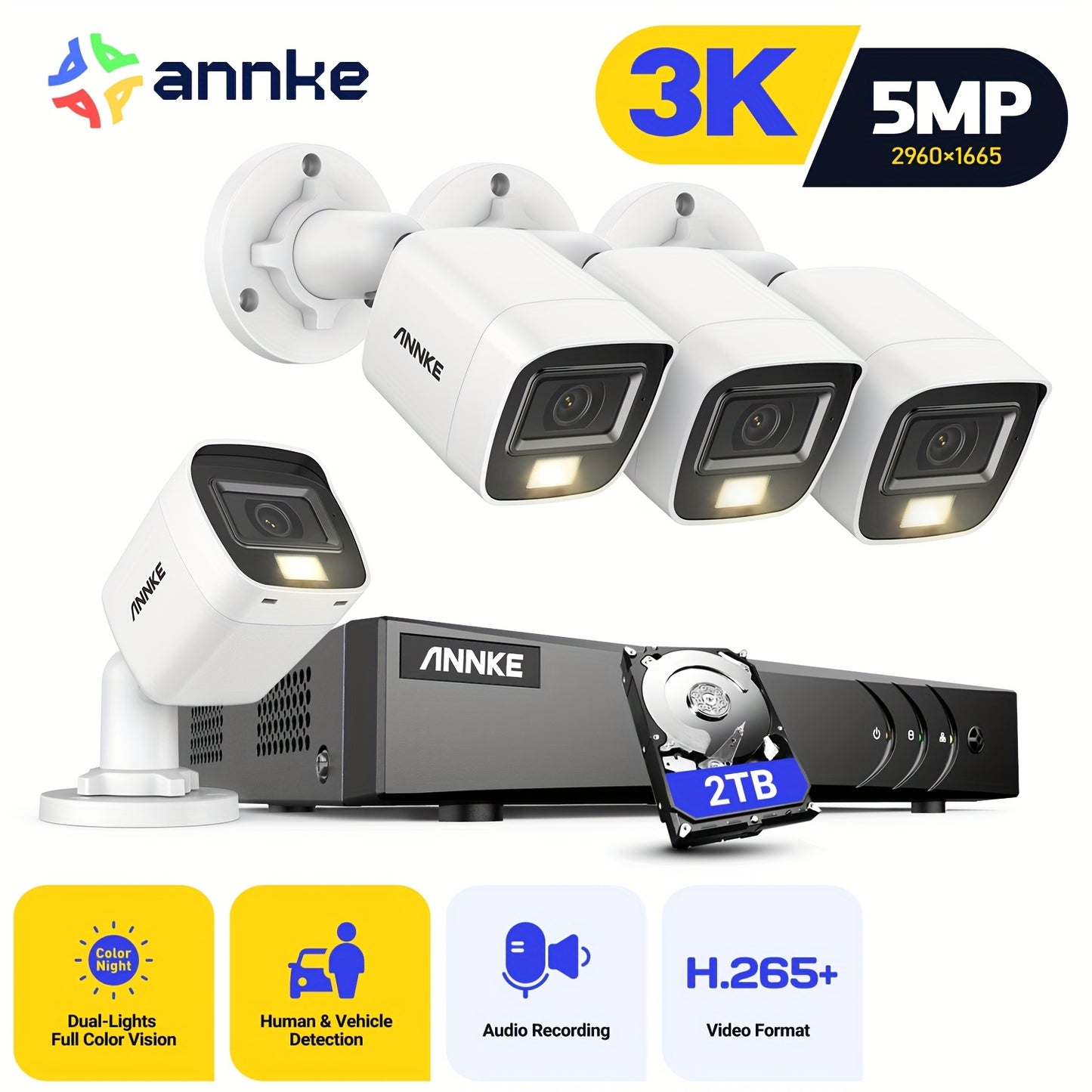 Beveiligingssysteem 16 Kanaals – Camerasysteem – CCTV Set – Toezichtcamera – Bewakingsset – 12x 3K Camera’s Met Dubbel Nachtzicht – AI Mens en Voertuig Detectie