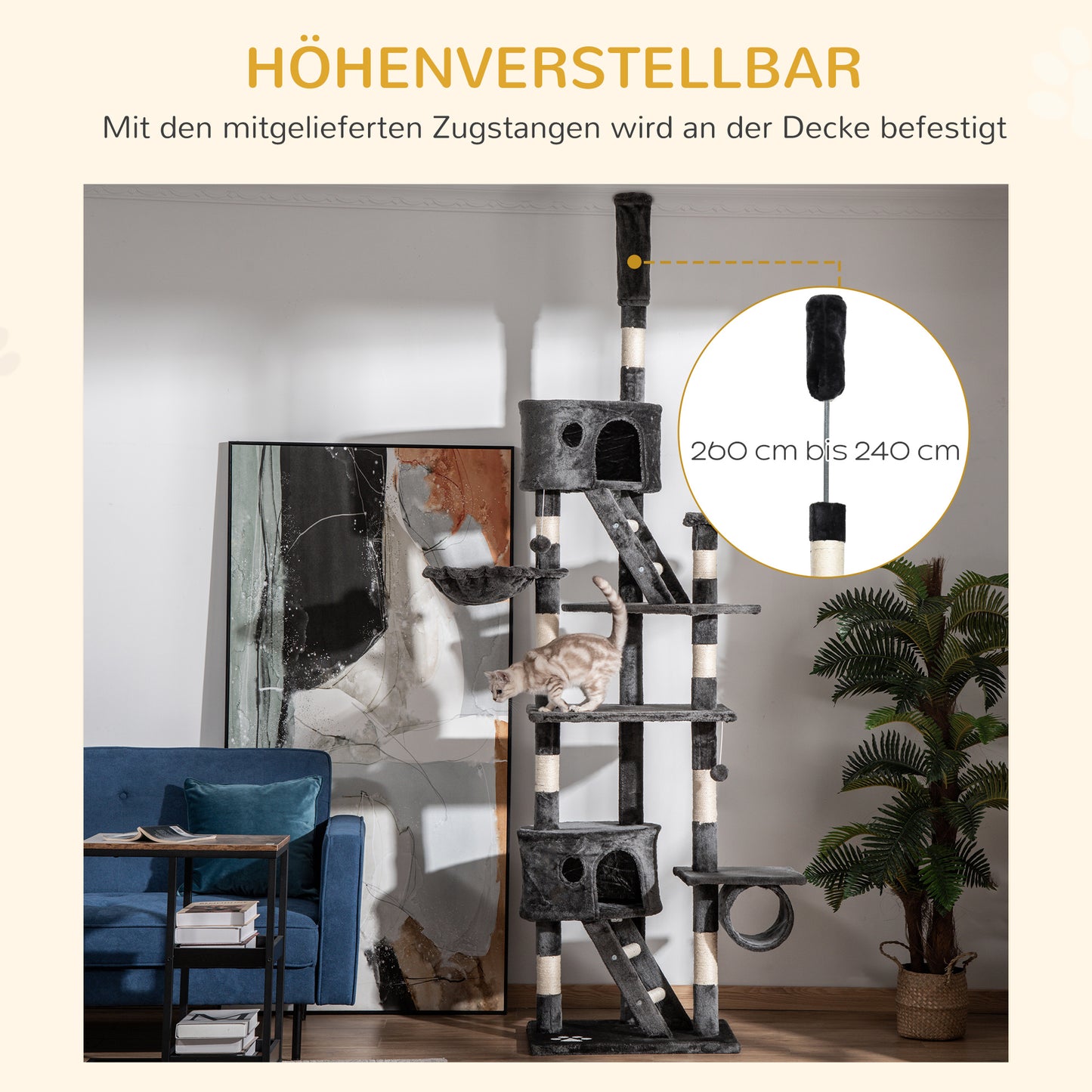 Krabpaal – Kattenkrabpaal – Krabmeubel – Kattenboom – Kattentoren – Verstelbare Hoogte 240-260 cm – Stevig Hout en Duurzaam Sisal
