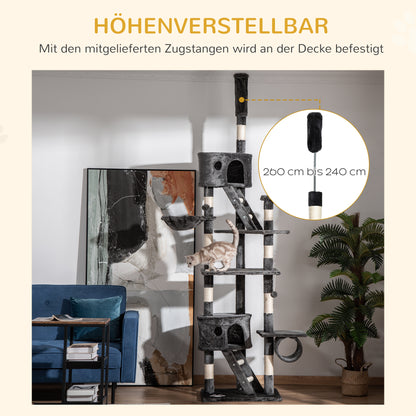 Krabpaal – Kattenkrabpaal – Krabmeubel – Kattenboom – Kattentoren – Verstelbare Hoogte 240-260 cm – Stevig Hout en Duurzaam Sisal