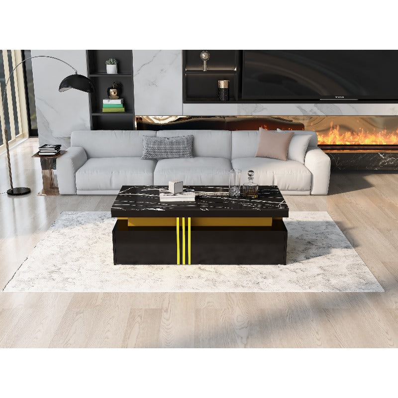 Moderne Salontafel – Koffietafel – Bijzettafel – Nachtkastje – Side Table – Marmerlook Hoogglans – 100x50x40 cm – 2 Lades & Metalen Frame