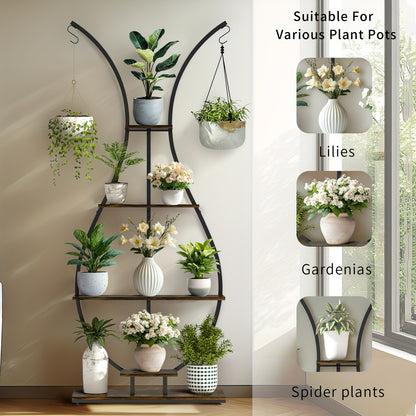 Plantenhouder – Plantenrek – Bloemenstandaard – Plantenrekje – Plantenrek Binnen – 5 Lagen – Metaal Met Houten Planken – Vaasvorm – Voor Woonkamer & Balkon – Bruin