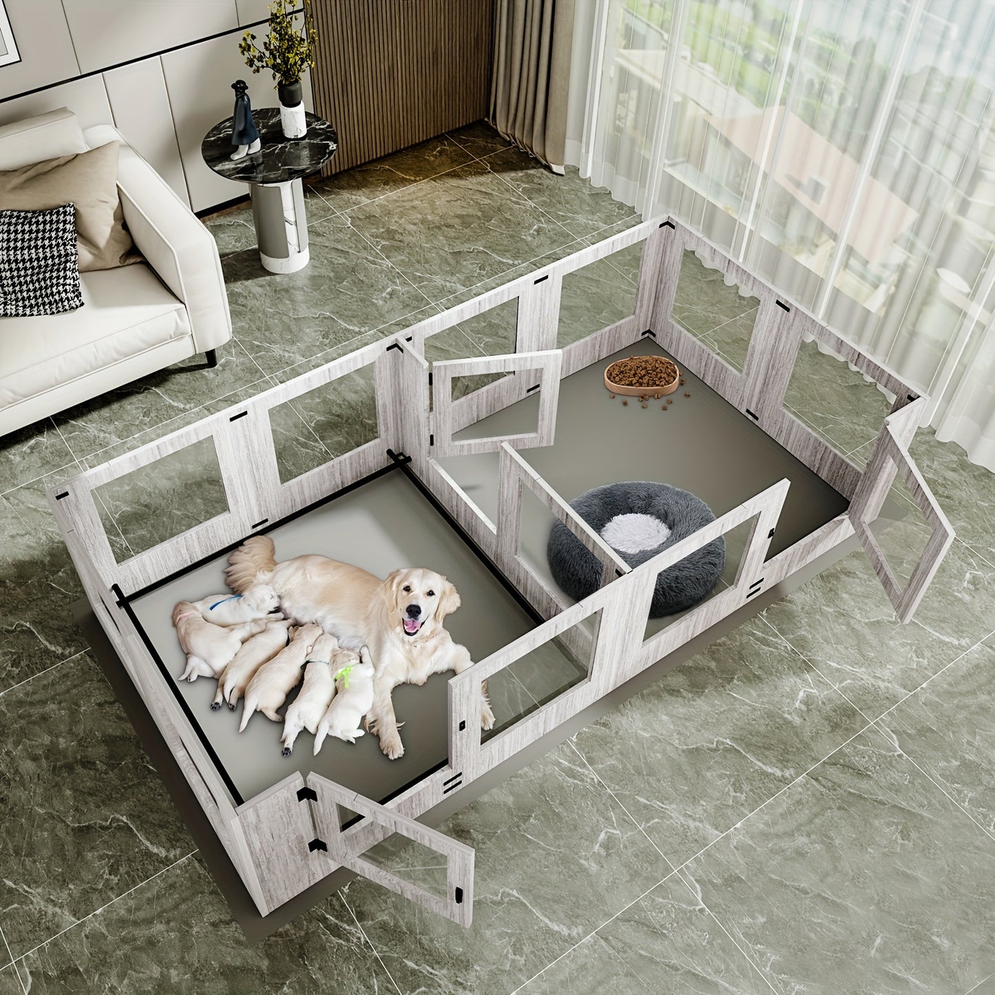 Hondenren – Hondenkennel – Werpkist – Puppyren – Binnenren – Gehard Glas – Transparante Acryl Panelen – 14 Panelen Modulair – Beschermrand Tegen Knellen – 3 Toegangsdeuren – Houten Frame – Veilig & Duurzaam