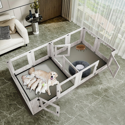 Hondenren – Hondenkennel – Werpkist – Puppyren – Binnenren – Gehard Glas – Transparante Acryl Panelen – 14 Panelen Modulair – Beschermrand Tegen Knellen – 3 Toegangsdeuren – Houten Frame – Veilig & Duurzaam