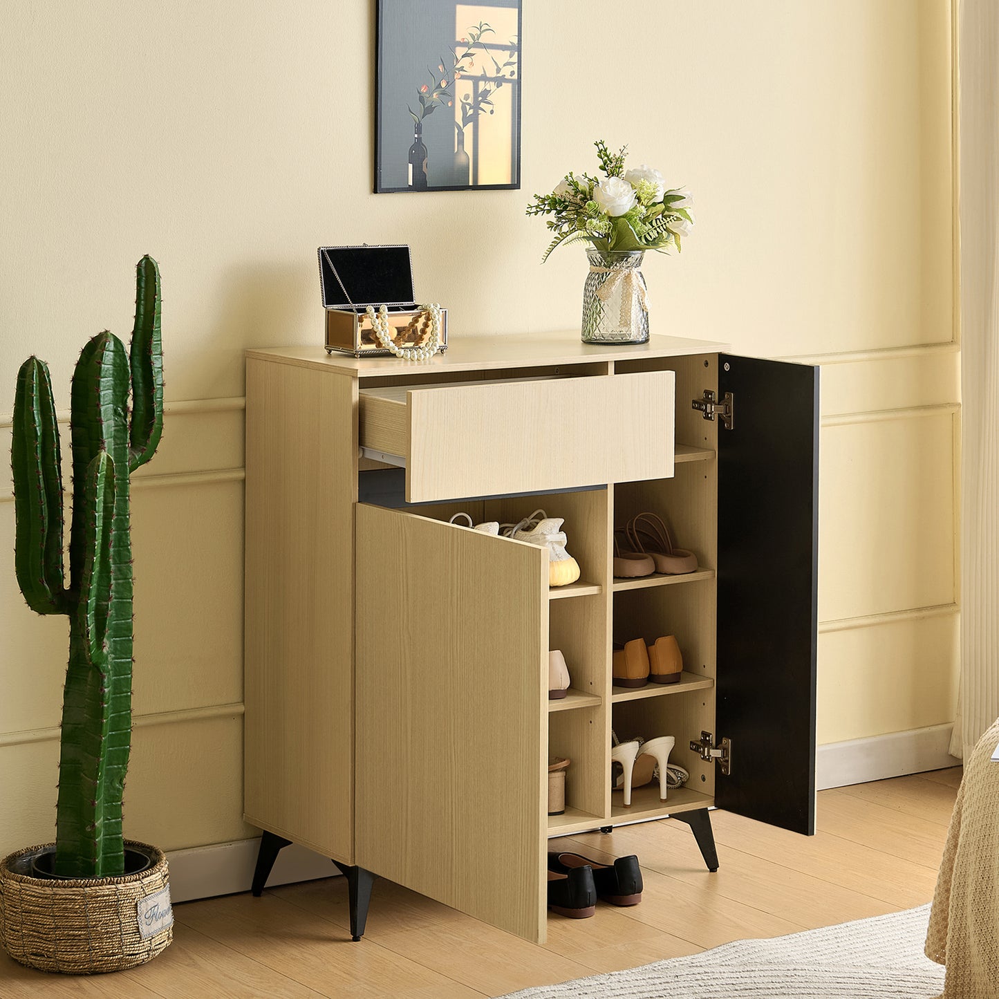 Schoenenkast – Schoenenopberger – Halmeubel – Opbergkast – Dressoir – Modern Design – Verstelbare Planken – Metaal Poten – Licht Hout – 75 cm Breed