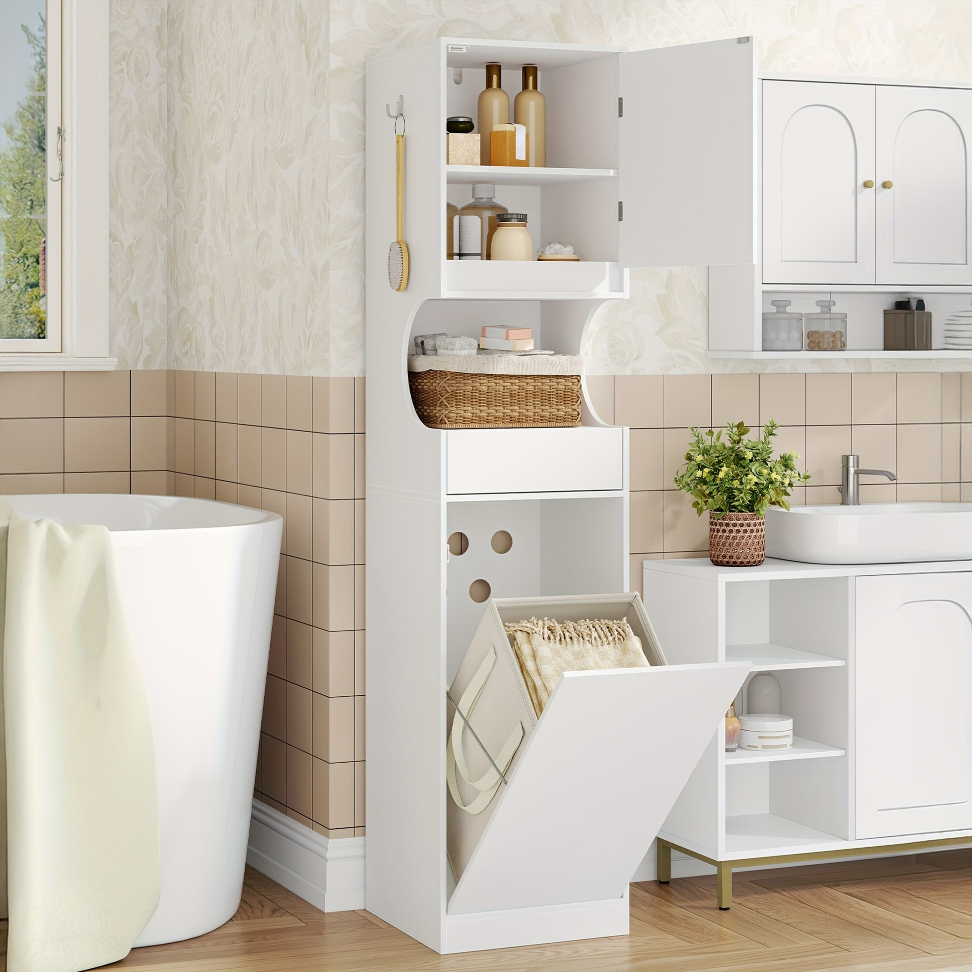Tall White Bathroom Cabinet with Laundry Basket - Space-Saving Narrow Storage Unit, Adjustable Shelves & Sliding Doors/Drawer, Freestanding Cabinet for Small Bathrooms, -like Material, Removable Dirt-Resistant Laundry Bag (17 - QUORE