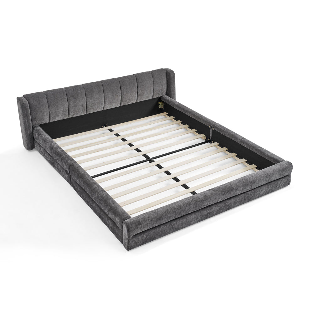 Double bed 160×200cm, chenille fabric, comfortable backrest, solid eucalyptus wood and iron frame, easy to assemble, dark grey/beige (mattress not included), Day Bed With Mattress Included, King Size Bed Frame, Bunk Beds Wit