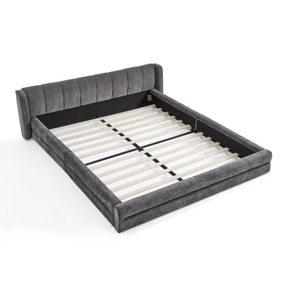 Double bed 160×200cm, chenille fabric, comfortable backrest, solid eucalyptus wood and iron frame, easy to assemble, dark grey/beige (mattress not included), Day Bed With Mattress Included, King Size Bed Frame, Bunk Beds Wit