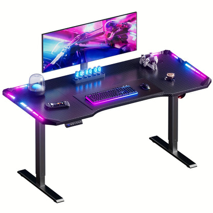 Elektrisch Zit-Sta Bureau – Verstelbaar Bureau – Gaming Bureau – Thuiswerk Bureau – Computerbureau – Carbon Fiber Blad – RGB Verlichting – XXL Muismat – 139,7 cm Breed – Hoogte 71-113 cm