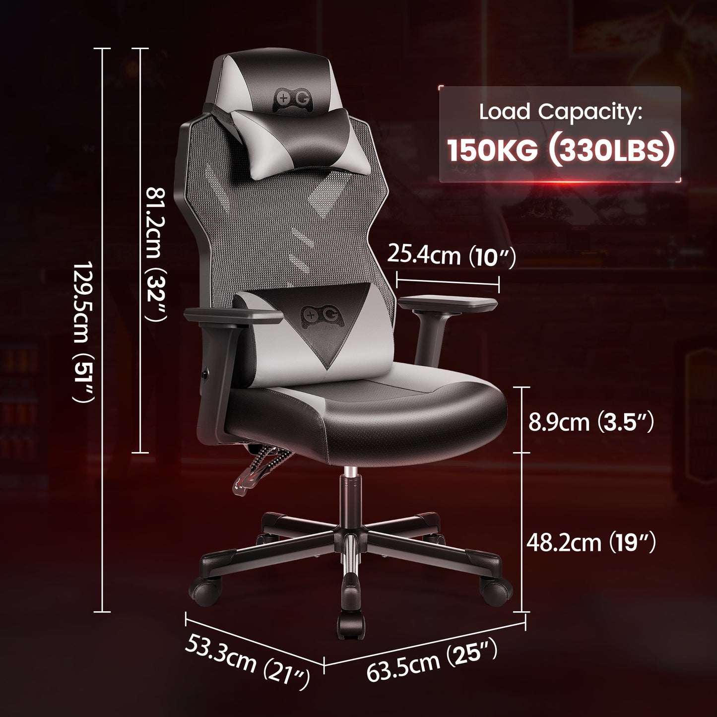 Gamingstoel – Bureaustoel – Gamestoel – Werkstoel – Zwarte Grijs Variant – Ergonomisch Design – Verstelbare 3D Armleuningen