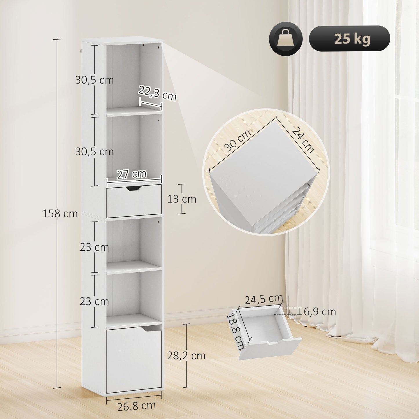 Boekenkast – Boekplank – Opbergkast – Vakkenkast – Rek – Wit – 6 Niveaus – 3-Traps Verstelbare Plank – Lade & Kastdeur