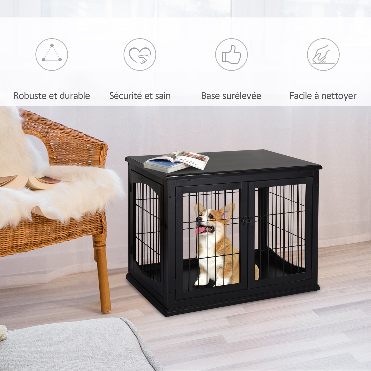 Hondenbench – Hondenkooi – Hondenhok – Hondenren – Hondenbench Zwart – MDF E1-klasse – 3 Slotbare Deuren – Geschikt Tot 30 Kg – 81x58x66 cm