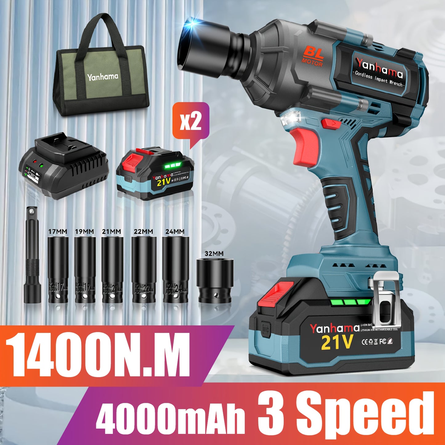 Slagmoersleutel – Slagschroevendraaier – Accu Slagmoersleutel – Elektrische Dopsleutel – Draadloos – 21V Borstelloze Motor – Inclusief 2 x 4000 mAh Accu’s en Accessoires