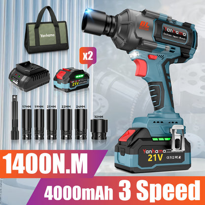 Slagmoersleutel – Slagschroevendraaier – Accu Slagmoersleutel – Elektrische Dopsleutel – Draadloos – 21V Borstelloze Motor – Inclusief 2 x 4000 mAh Accu’s en Accessoires