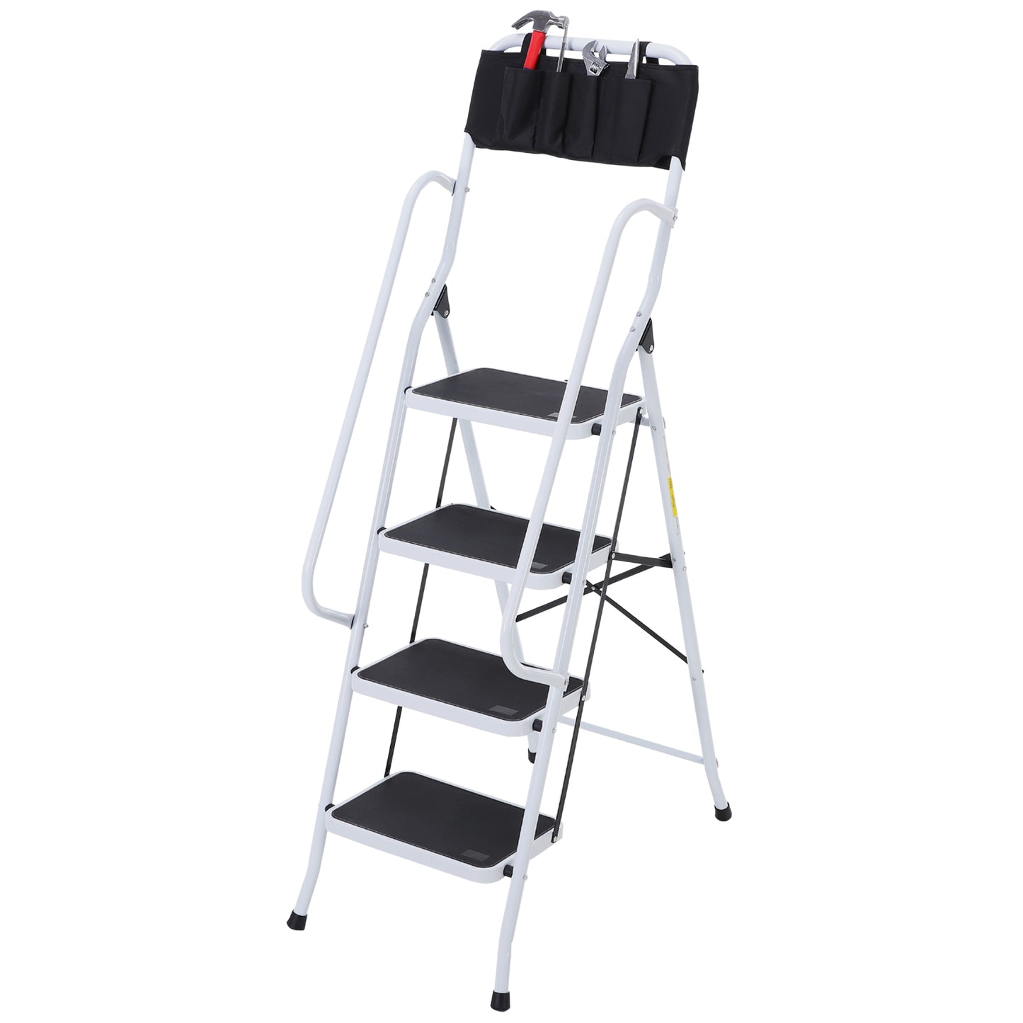 Opvouwbare Trap – Klimmiddel – Steiger – Werksteiger – Plofkraan – Stalen Frame – 4 XL Antislip Treden – Dubbele Handgrepen – Max 1,55 m Hoogte – Inclusief Gereedschapszak – Wit/Zwart