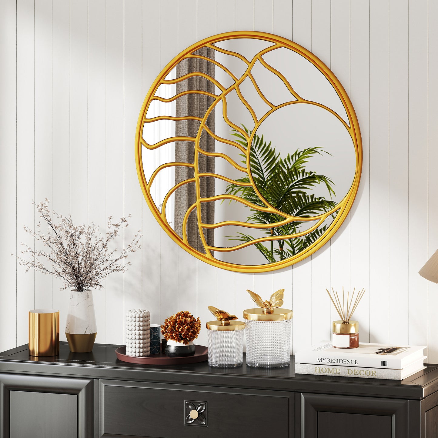 Wandspiegel – Spiegels – Badkamerspiegel – Woonaccessoires – Tuinspiegel – Gouden Rond Model – 80 cm Diameter – Onregelmatig Design