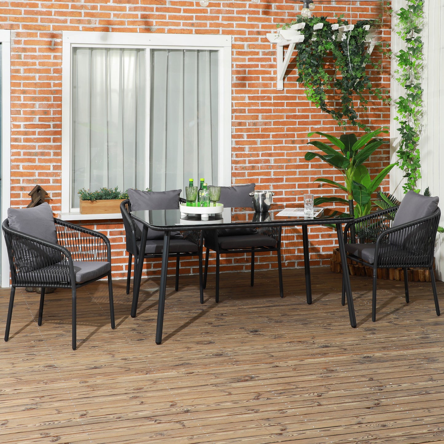 Tuinset 4 Personen – Tuinmeubel Set – Buitentafel Met Stoelen – Balkonset – PE Rattan Meubel – Weerbestendig Aluminium Frame – 140x80x74 cm Tempered Glasblad