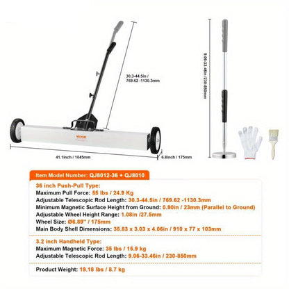 Magnetische Magneetveger – Magneetveger Met Wielen – Metaalopruimer – Magnetische Veegzuiger – Metaalafvalverzamelaar – Werkbreedte 91,44 cm – Duurzaam Metalen Frame