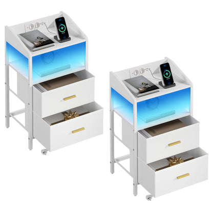 Nachtkastje – Bedside Table – Bijzettafel – Opberkkast – Nachtmeubel – Met LED Verlichting – USB Oplaadstation – Wit – 2 Lades – Stabiel Design