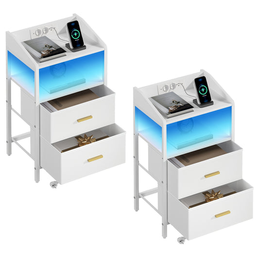 Nachtkastje – Bedside Table – Bijzettafel – Opberkkast – Nachtmeubel – Met LED Verlichting – USB Oplaadstation – Wit – 2 Lades – Stabiel Design