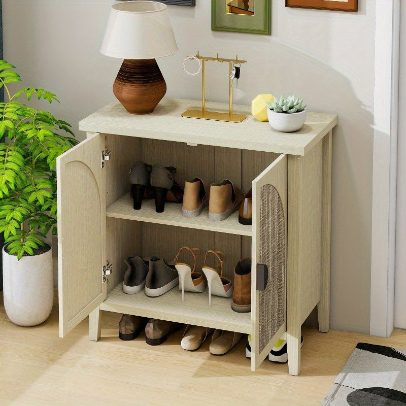 Modern Natural Rattan Storage Cabinet with Two Doors - Curved Sideboard or China Cabinet, Sturdy Metal Frame, Open Shelf & Closed Storage Compartments, Space-Saving Entryway, Living Room, Dining Room, Kitchen Organizer - No A