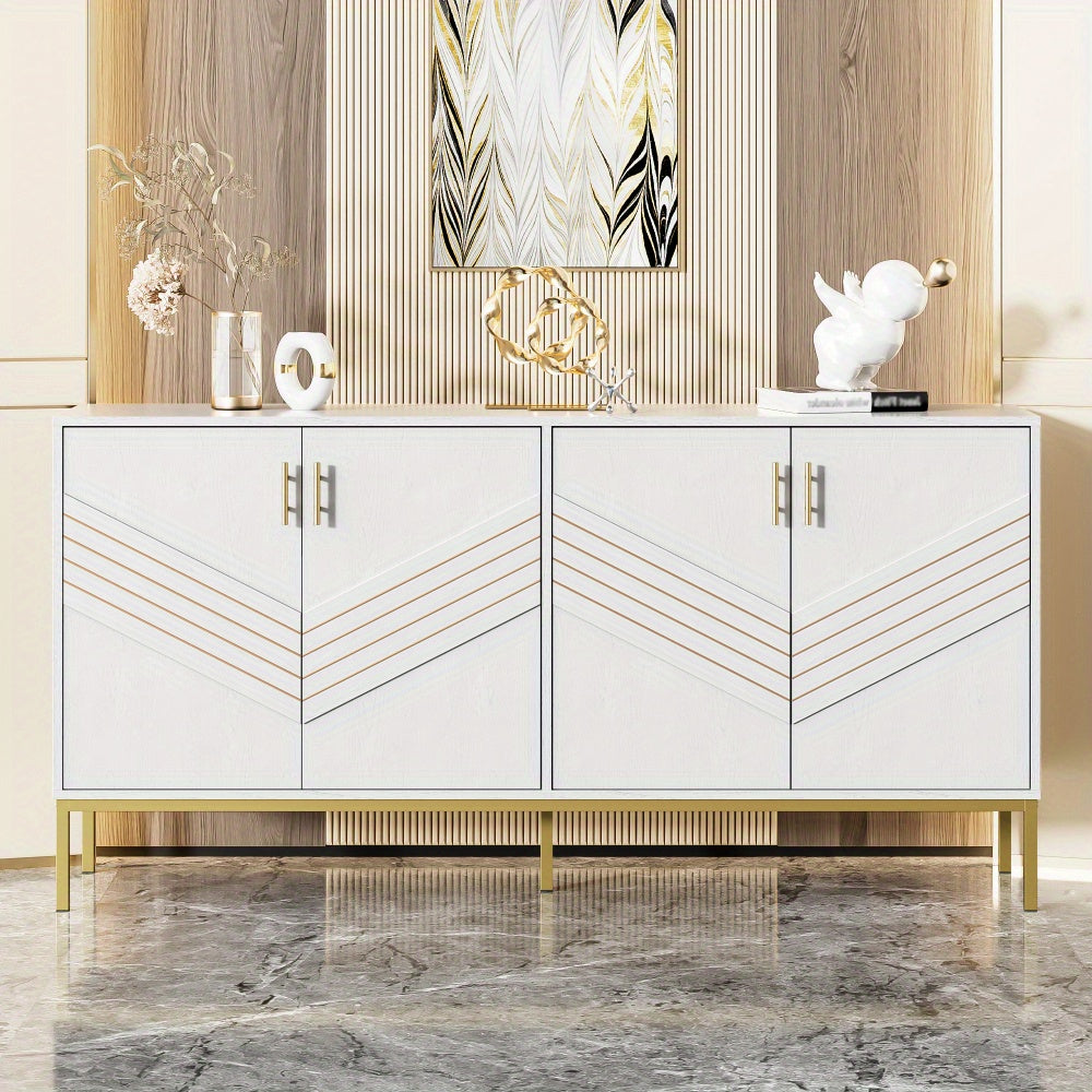 4-Deurs Kast – Dressoir – Sideboard – Opbergkast – Woonkamerkast – Wit Met Gouden Details – Verstelbare Legplanken – Ruime Opbergruimte