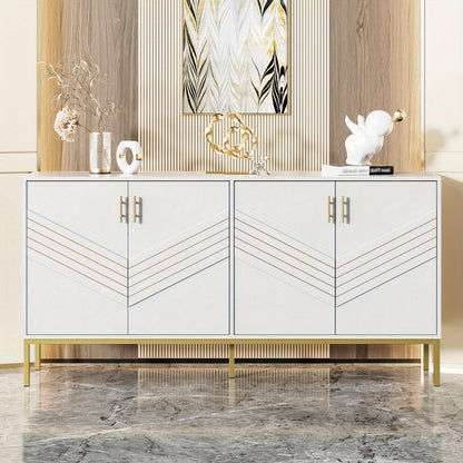 4-Deurs Kast – Dressoir – Sideboard – Opbergkast – Woonkamerkast – Wit Met Gouden Details – Verstelbare Legplanken – Ruime Opbergruimte