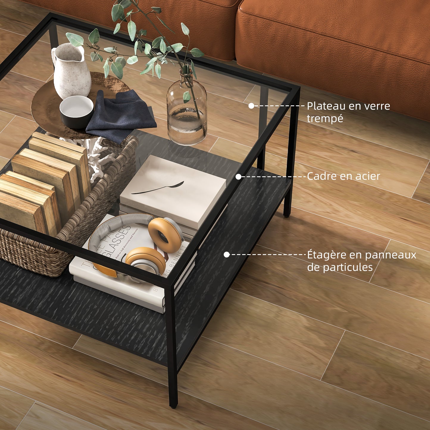 Salontafel – Woonkamertafel – Koffietafel – Tafel – Bijzettafel – Industrieel Design – Temperglas Blad 73x73x46,5 cm – Verstelbare Wieltjes