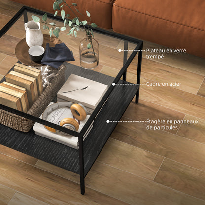 Salontafel – Woonkamertafel – Koffietafel – Tafel – Bijzettafel – Industrieel Design – Temperglas Blad 73x73x46,5 cm – Verstelbare Wieltjes