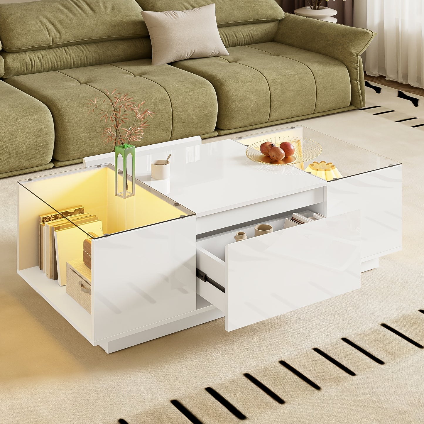 Modern Minimalist Large Coffee Table with Glass Top & Storage - White Frame, 2 Drawers, Easy Assembly, 105cm (40.5") Square Table, Metal for, Beige -Friendly Furniture - No Wood, Low-Maintenance