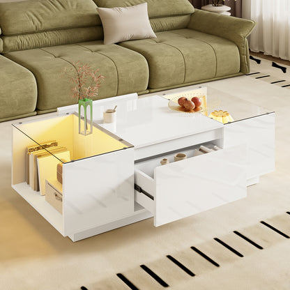 Modern Minimalist Large Coffee Table with Glass Top & Storage - White Frame, 2 Drawers, Easy Assembly, 105cm (40.5") Square Table, Metal for, Beige -Friendly Furniture - No Wood, Low-Maintenance