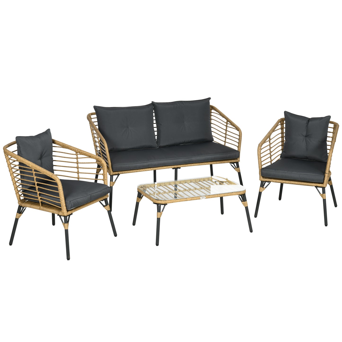 Loungeset Buiten – Tuinmeubel Set – Loungeset Balkon – Tuinbank Met Fauteuils – Zandkleur Met Donkergrijs Kussens – Weerbestendig Met Metalen Frame – Comfortabele Afneembare Kussens