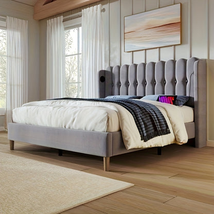 Bedframe – Bed Frame – Bed Steiger – Bedmontage – Slaapkamer Meubel – Grijs – Minimalistisch Design – Bamboe Materiaal – Ingebouwd Nachtkastje