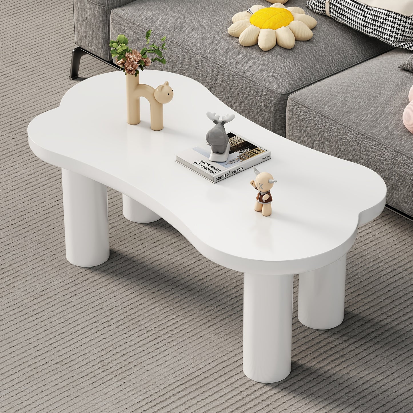 Salontafel Botvormig – Bijzettafel – Koffietafel – Woonkamer Tafel – Wit – MDF Tafelblad – Hardhouten Poten Met PVC Coating