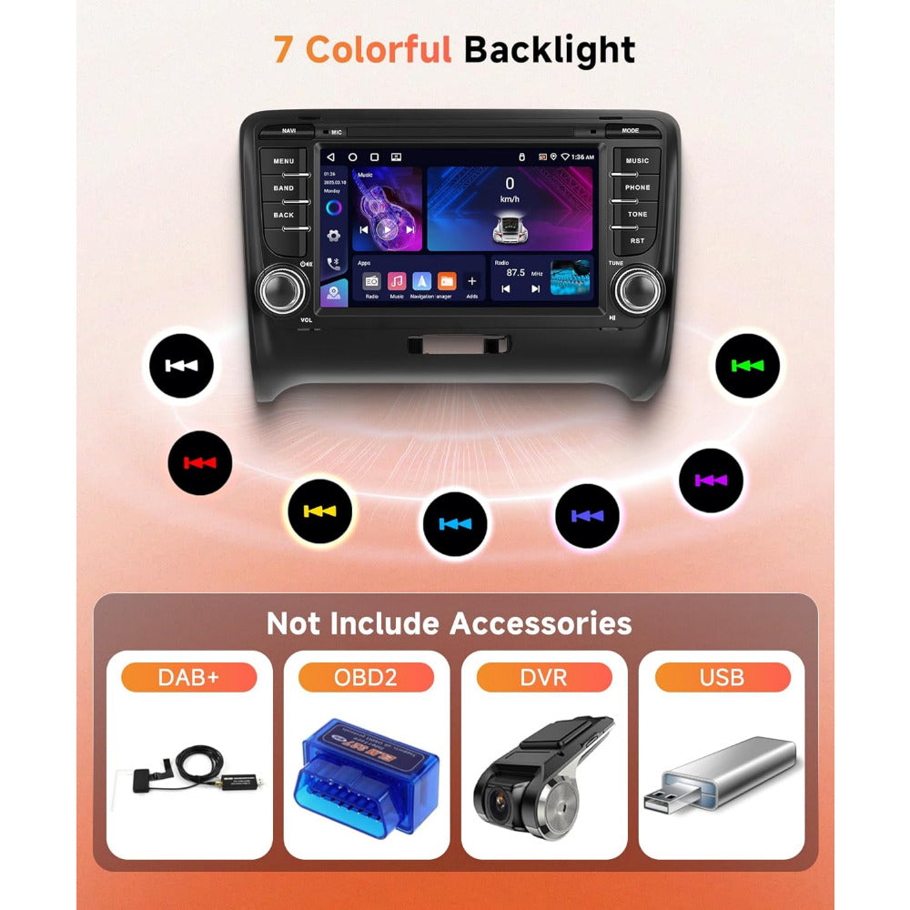 PODOFO [4+64G] Android 15 7-inch for Audi TT MK2 8J 2006-2014, Wireless Carplay/Android Auto, Android EQ AI DSP/GPS/WiFi/BT5.0/FM/Mirror Link+Backup Camera+Mic, A Perfect Gift for Dad and Drivers, Merry Christmas Gifts, Black