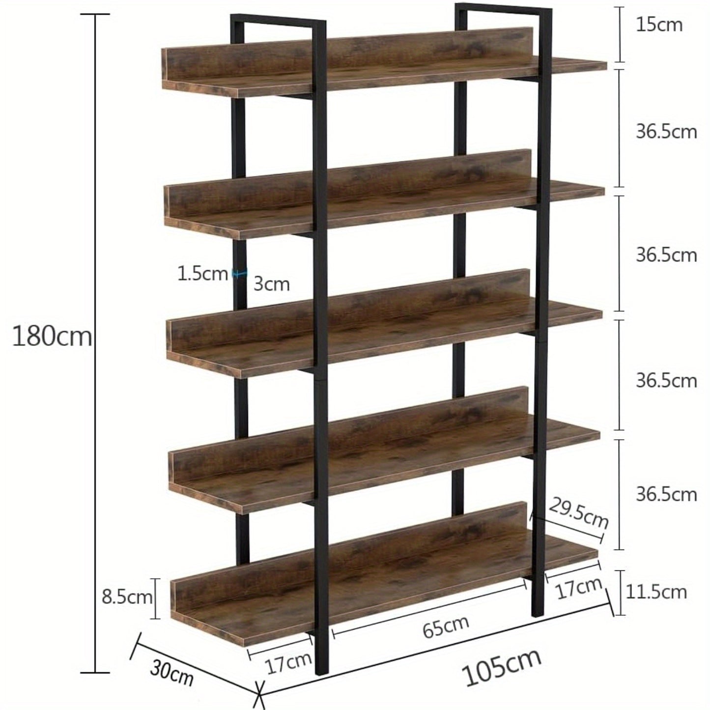 Boekenkast – Boekenrek – Vakkenkast – Opbergkast – Wandkast – Industrieel Design – 5 Laags – Metalen Frame & Houten Planken – 105x33,5x180 cm – Draagkracht 30 kg per Plank
