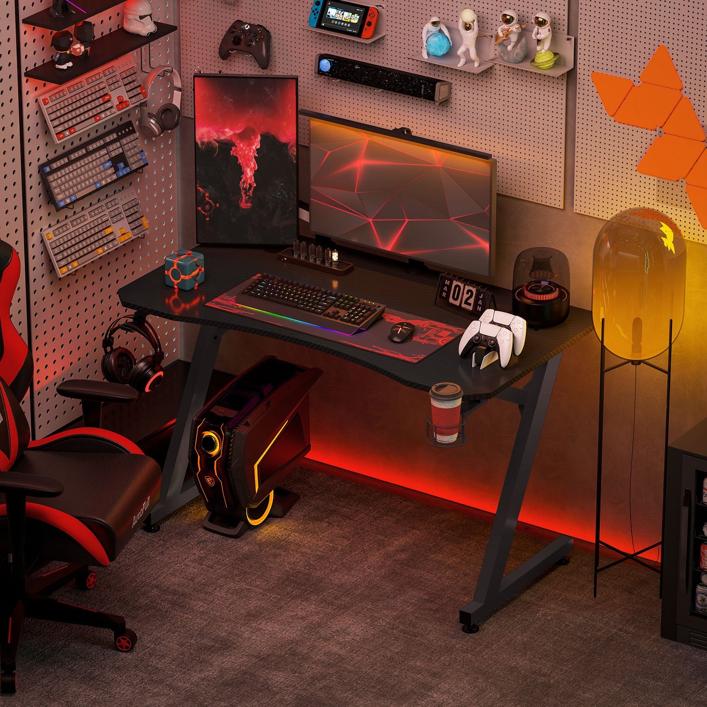 Gaming Bureau – Gamer Bureau – Computerbureau – Werkbureau – Studiebureau – Zwarte Carbon-Fiber Look – Verstelbare Voetjes & Kabeldoorvoeren