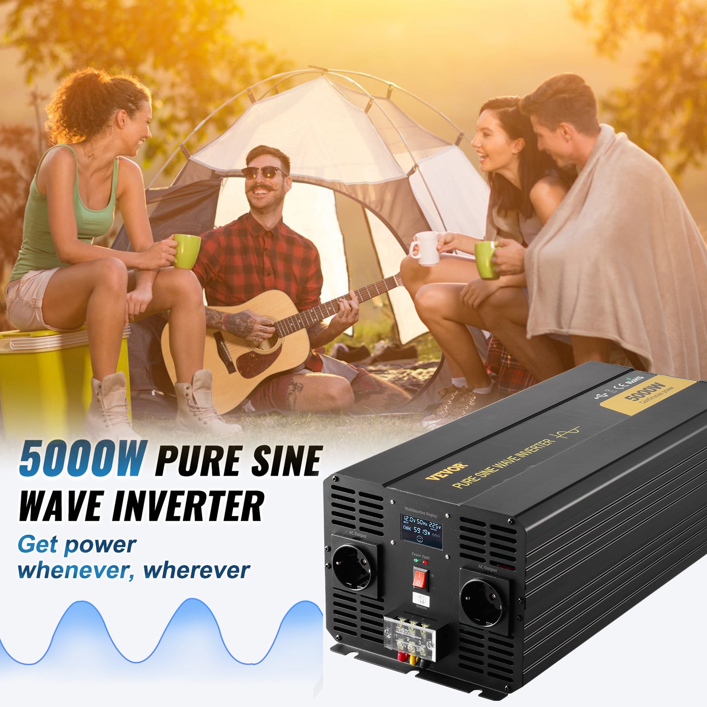 Pure Sine Wave Omvormer – Stroomomvormer – DC naar AC Omvormer – Power Inverter – 5000W Omvormer Zwart – Zuivere Sinusgolf – LCD Display