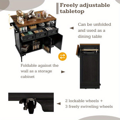 Modern Kitchen Island Cart 118x43x80x98cm - Metal Frame with Wood Grain Black Finish, 4 Locking Wheels, Removable Partitions & Towel Holder, Multifunctional Storage Cabinet for Dining & Living Spaces, Kitchen Furniture, Versa