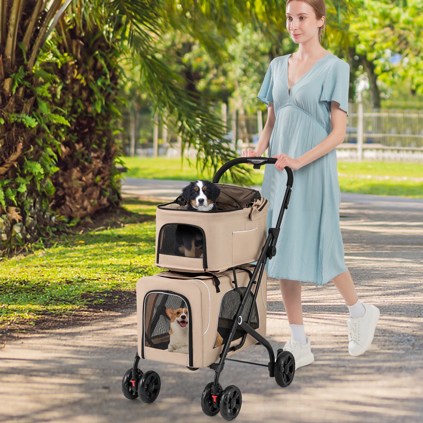 3 in 1 Folding 2 Level Stroller for Dog Cat, 2 Detachable Bags, Mesh Window, Wheels with Brakes