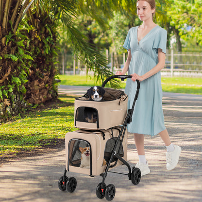 3 in 1 Folding 2 Level Stroller for Dog Cat, 2 Detachable Bags, Mesh Window, Wheels with Brakes