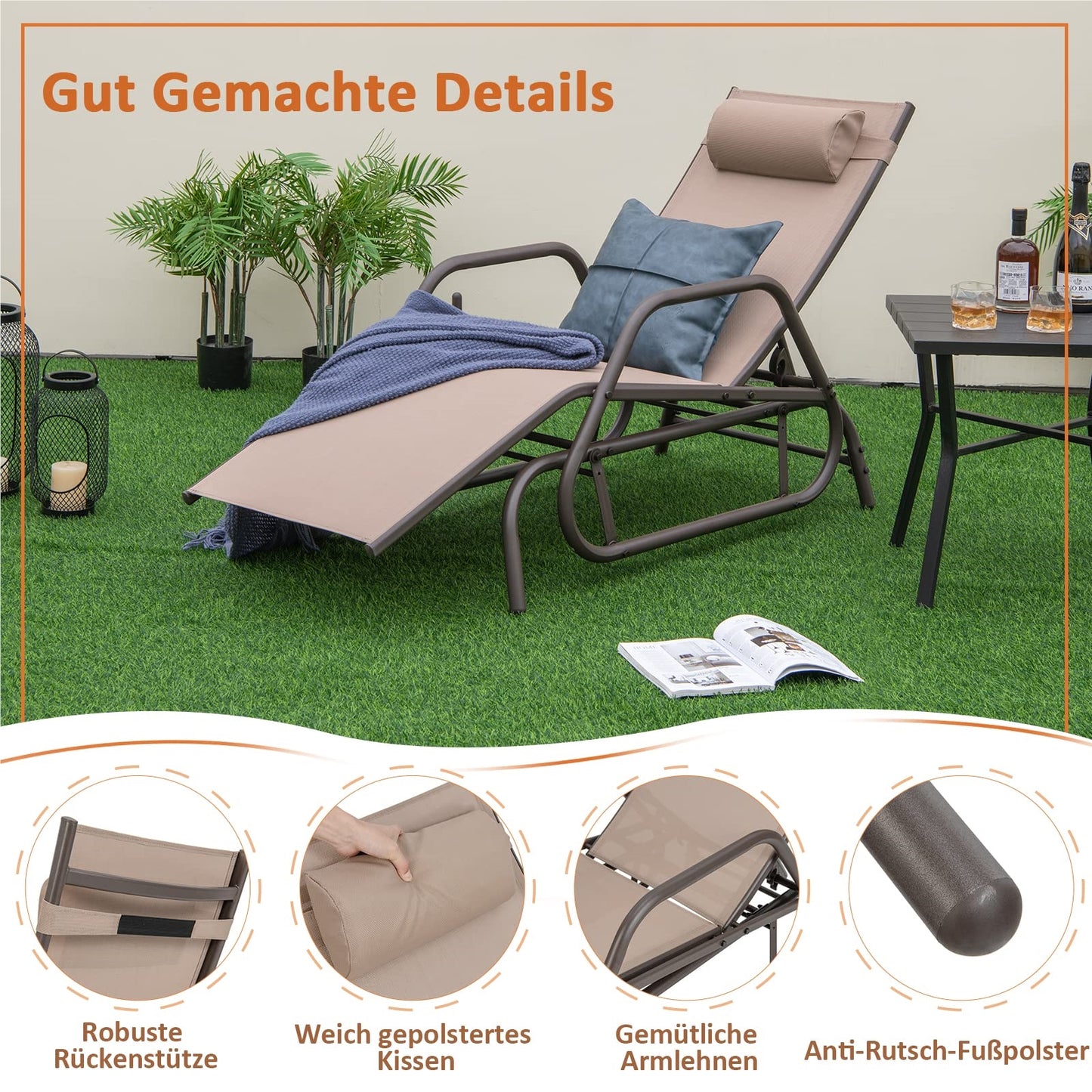Ligbed – Ligstoel – Schommelstoel – Tuinstoel – Loungebed – 3-Standen Verstelbare Rugleuning – Ademend Sneldrogend Stof – Bruin