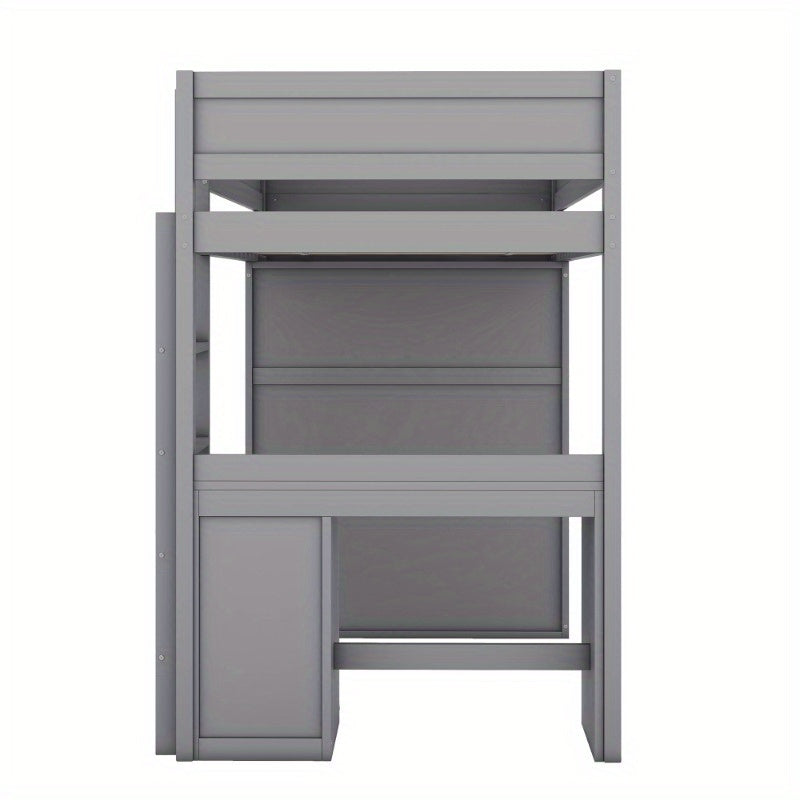 Hoogslaper – Stapelbed – Kinderbed – Eenpersoonsbed – Meubelbed – Ruimtebesparend Design – Stevige Niet-Houten Constructie – Inclusief Kledingkast, Bureau en Lade – Neutraal Grijs – Eenvoudige Montage