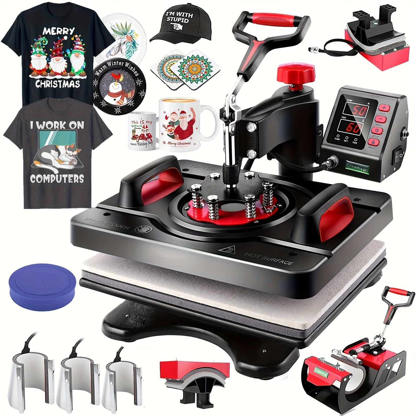 Hittepers – Transferpers – Sublimatiepers – Warmtepers – 8-in-1 Multifunctioneel – 360° Draaibare Arm – Digitale Temperatuur & Timer – 30x38 cm Persvlak