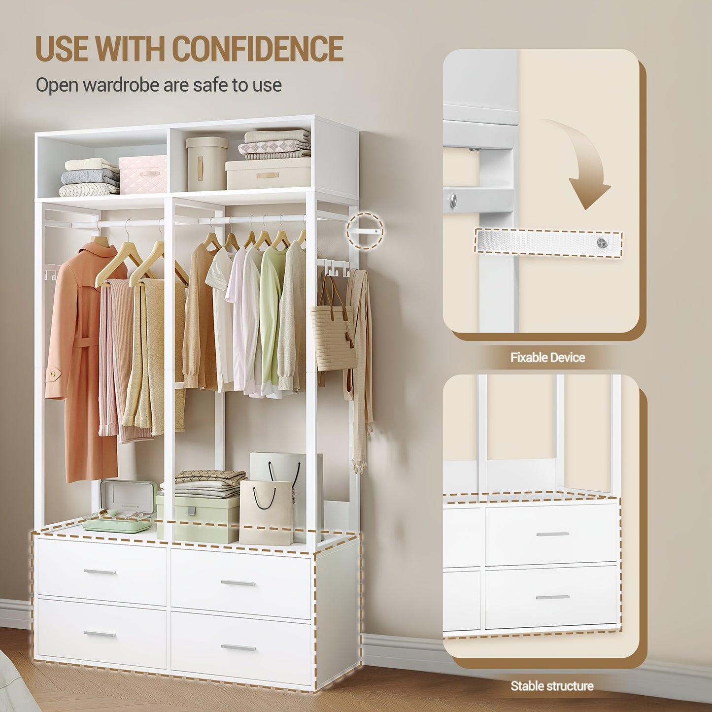 Open Kledingkast – Open Garderobekast – Kledingrek – Dressoir – Opbergkast – Wit – Met 4 Houten Lades – Stevig Metaal & MDF – Moderne Strakke Vormgeving – 100x43x185 cm – Vloerstaand