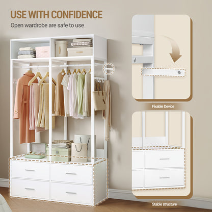 Open Kledingkast – Open Garderobekast – Kledingrek – Dressoir – Opbergkast – Wit – Met 4 Houten Lades – Stevig Metaal & MDF – Moderne Strakke Vormgeving – 100x43x185 cm – Vloerstaand