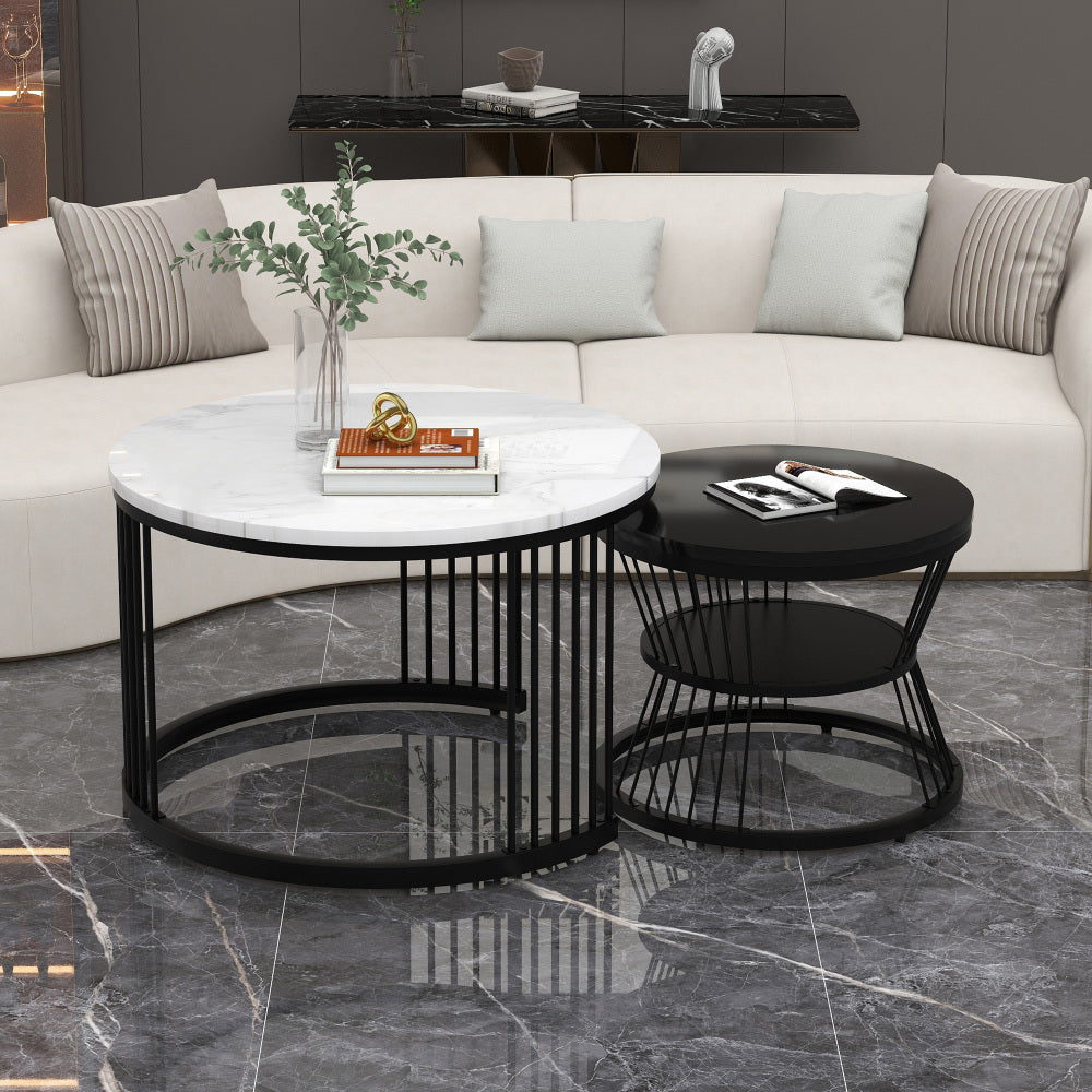 Modern nesting coffee tables, coffee table sets, high-gloss tabletops, marble-effect finish, sofa side tables, round nesting coffee tables, 2pcs sets, black frames,  Spacesaving Tables, Contemporary Style, Sleek Furniture, Me