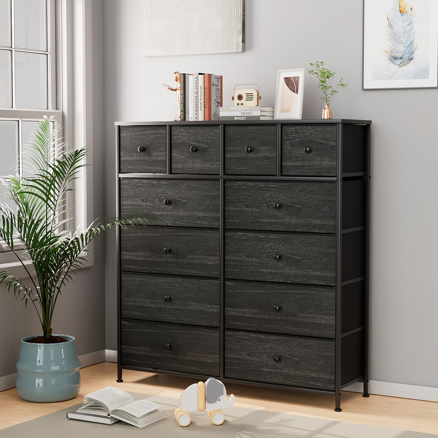 Sideboard – Dressoir – Ladekast – Commode – Opbergkast – Zwart – 12 Stoffen Laden – Stevig Hout en Metaal