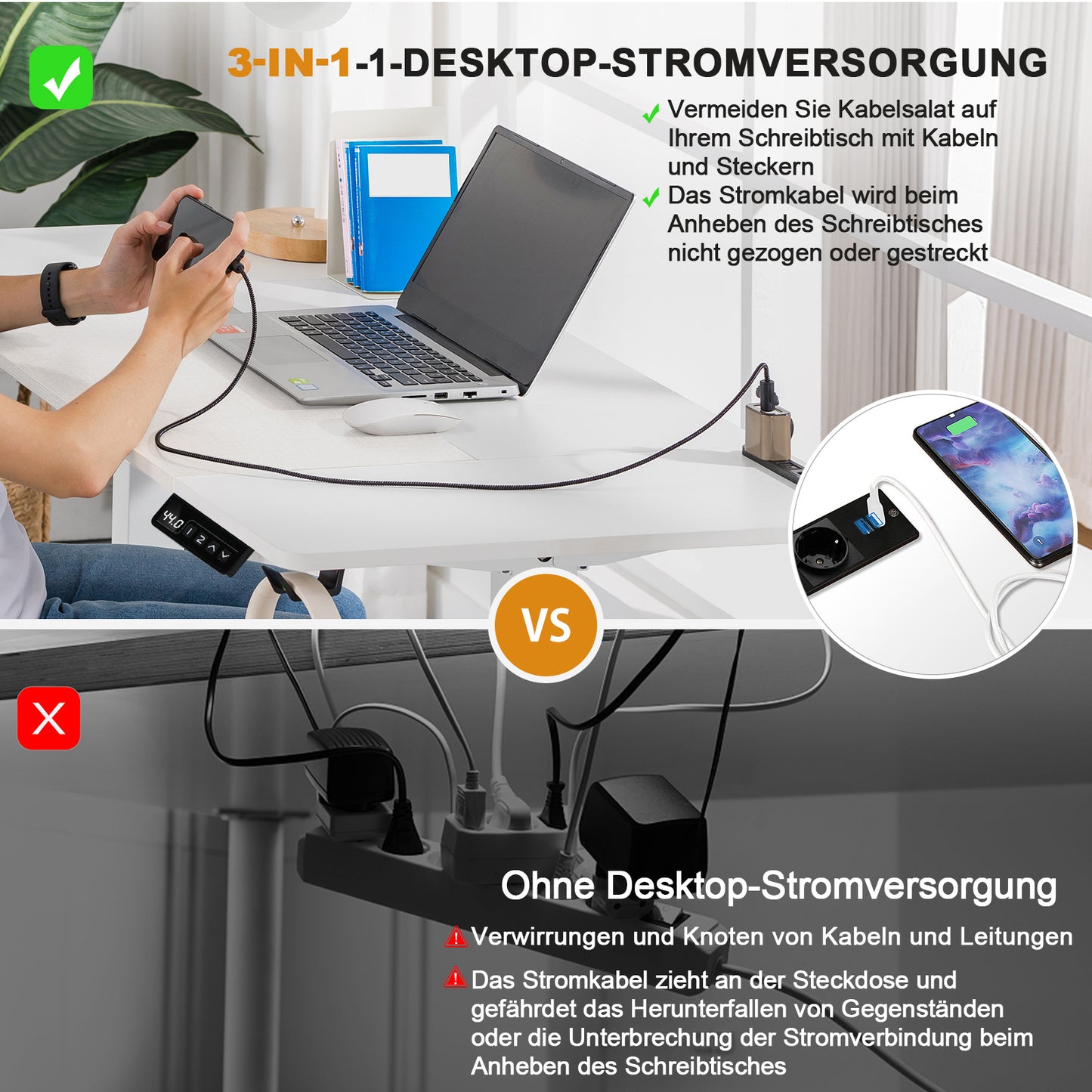 Verstelbaar Bureaublad – Zit-Sta Bureau – Elektrisch Bureau – Bureautafel – Werkplek Bureau – 140x60 cm – Melamine Gecoat – Geïntegreerde Stopcontacten