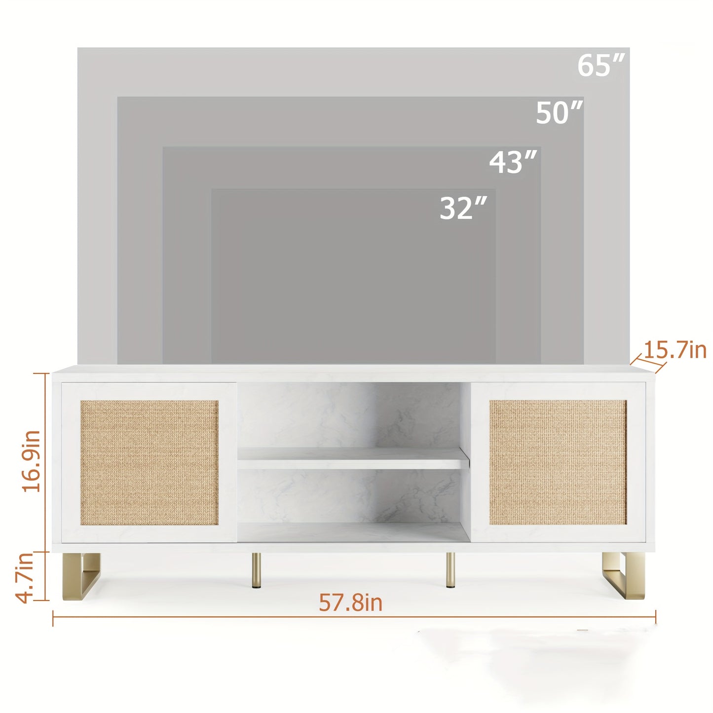 Tv Meubel – TV Kast – TV Meubelkast – TV Dressoir – Entertainment Center – Wit Met Rattan – Geschikt Voor TV Tot 165 cm – Verstelbare Planken